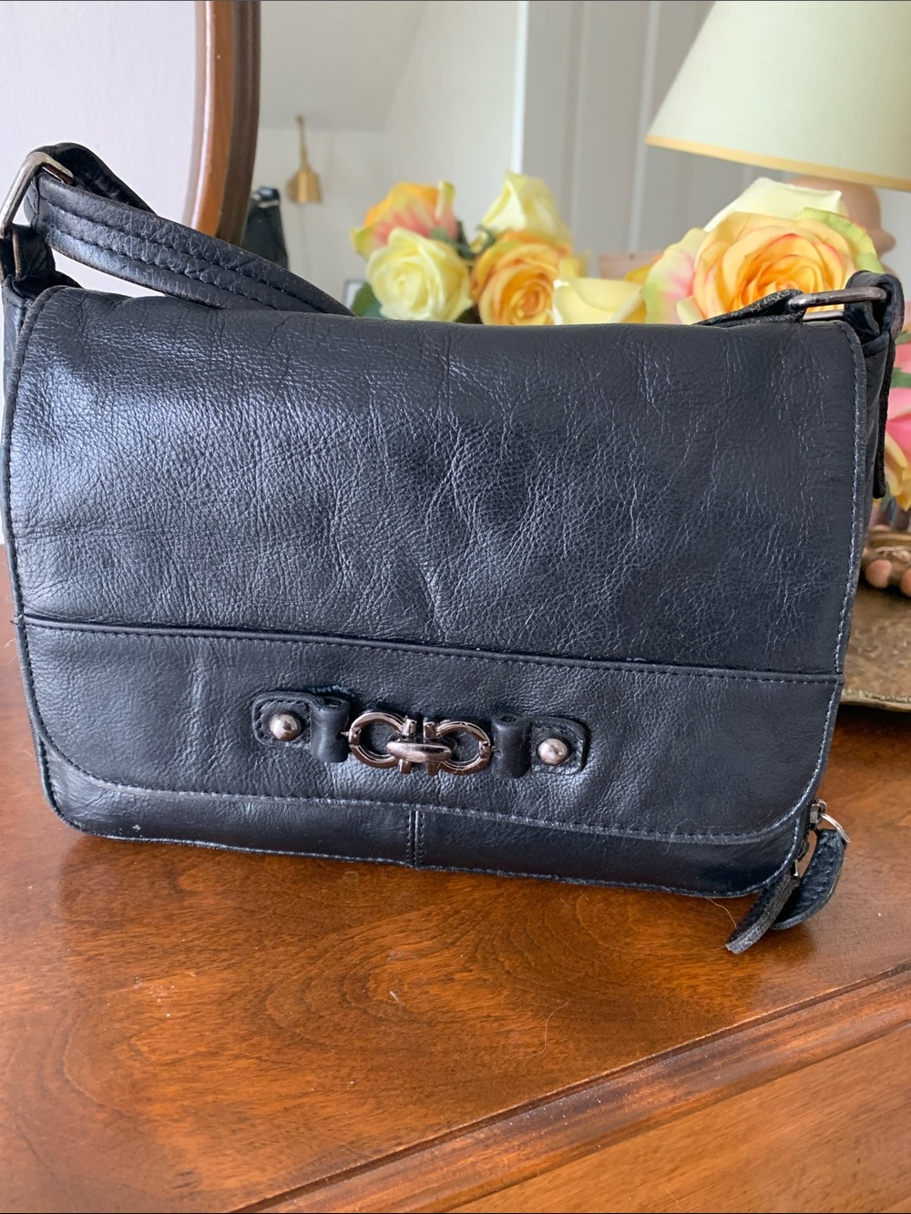 Classic Black Leather Crossbody Shoulder Bag